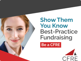 [ad] CFRE - show them you know best-practice fundraising. Be a CFRE. Image of a woman's face, in the bottom right the CFRE logo.