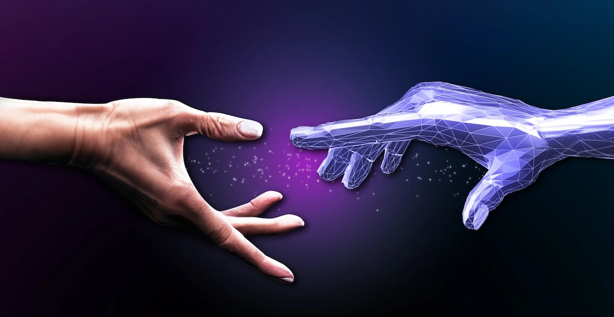 Human and robot/AI hands nearly touch. Illustration for launch of XPRIZE Healthspan.