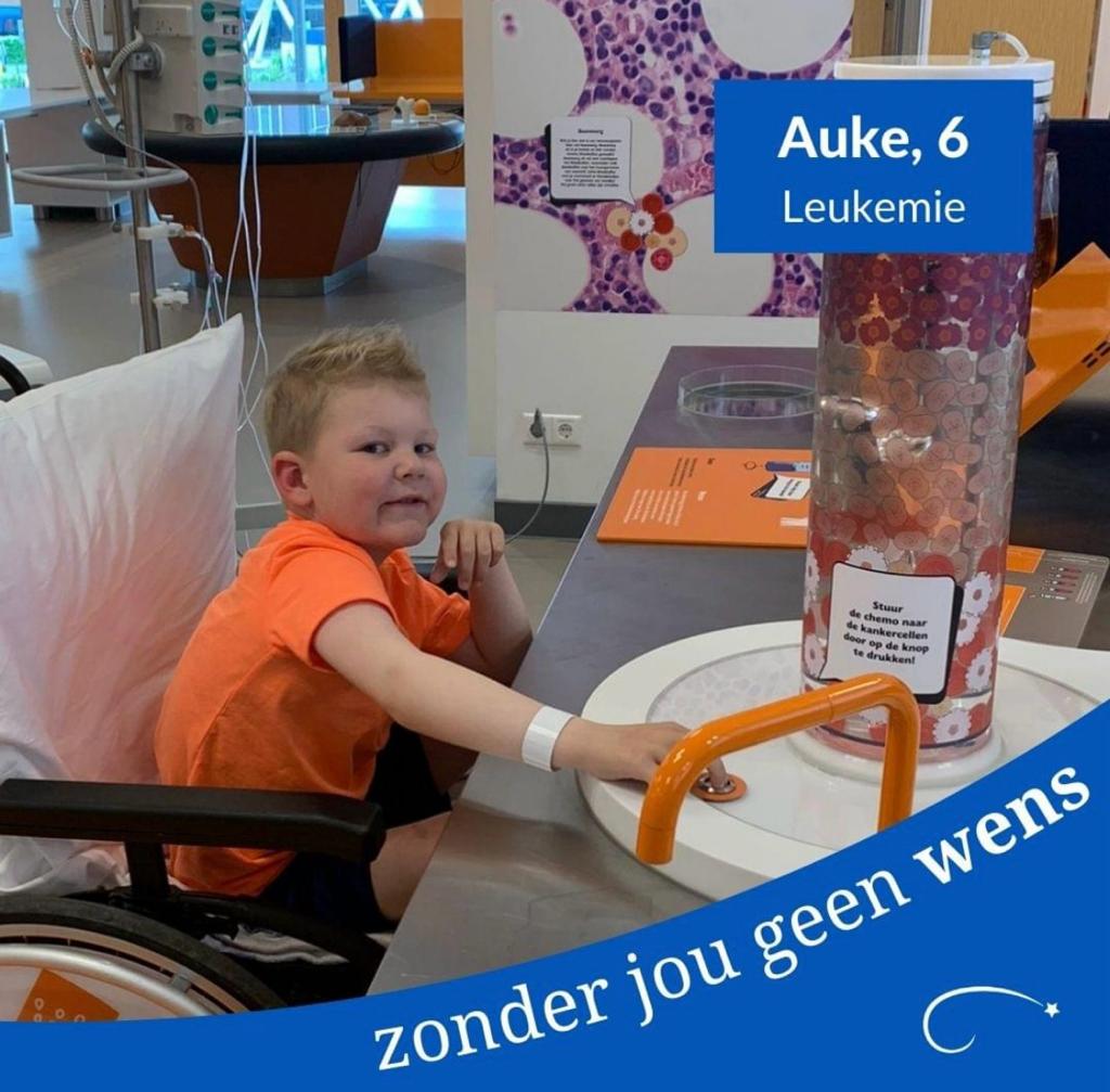 Auke, aged 6, who has leukaemia. Zonder you geen wens.
