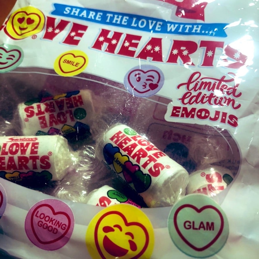 A bag of Swizzels' Love Hearts sweets. This was a limited edition featuring emojis on each individual sweet or candy.