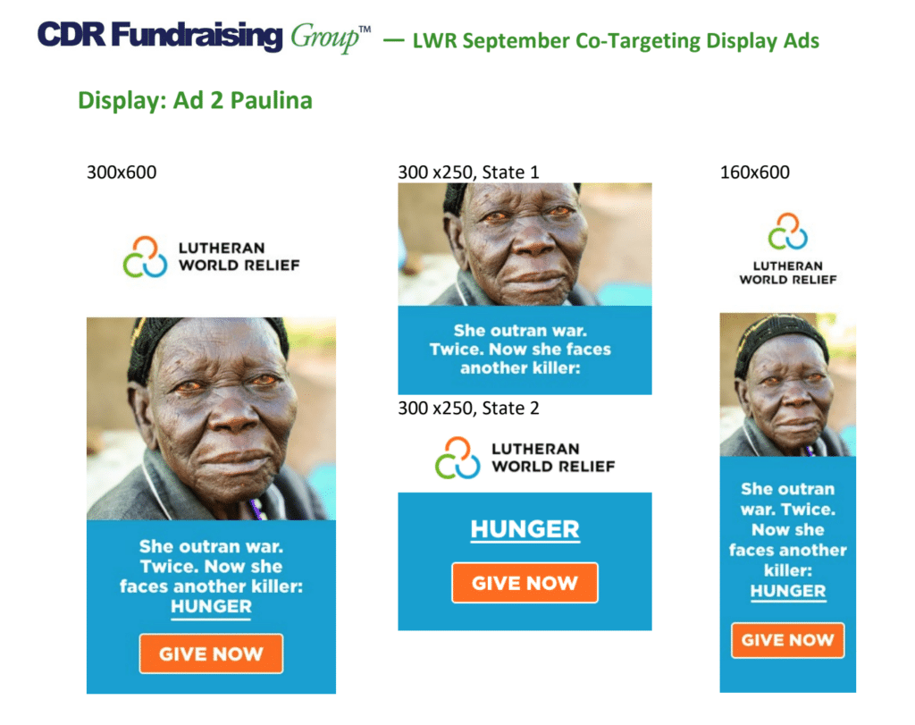 A range of digital display ads featuring the story of Paulina Acii. Source: CDR Fundraising and Lutheran World Relief.