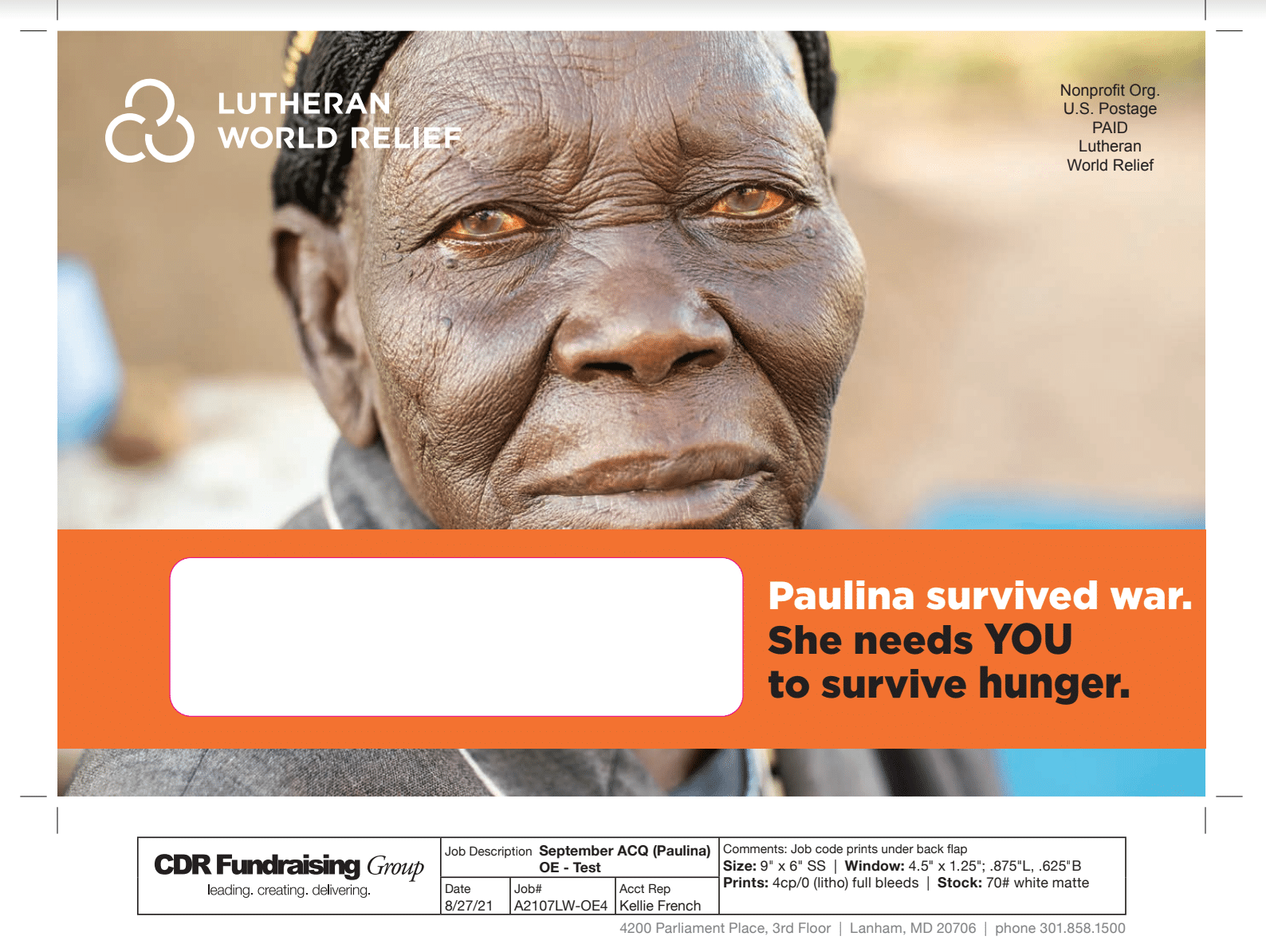 Envelope cover of fundraising appeal featuring the story of Paulina Acii. Source: CDR Fundraising and Lutheran World Relief.