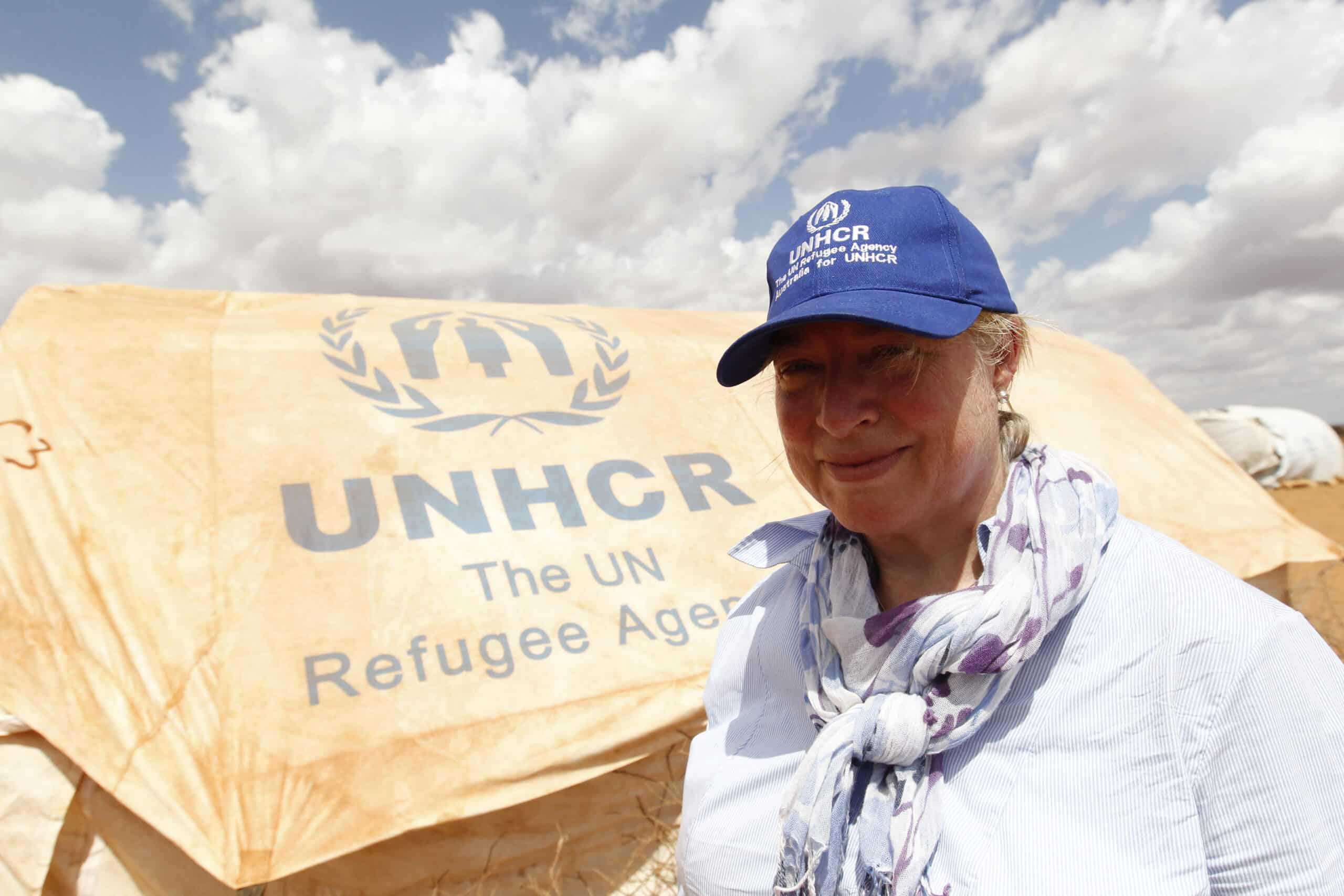 Australia for UNHCR National Director Naomi Steer stands next to a tent with the UNHCR logo at the Buramino refugee camp in Dollo Ado near the Ethiopia-Somalia border.