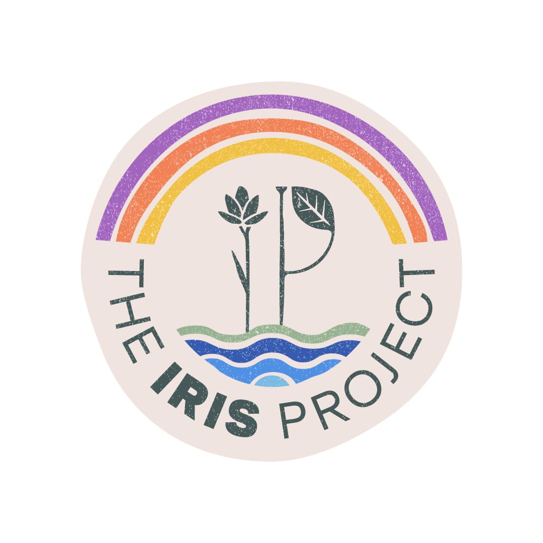 Iris Project logo, featuring a rainbow at the top, plant life and water.