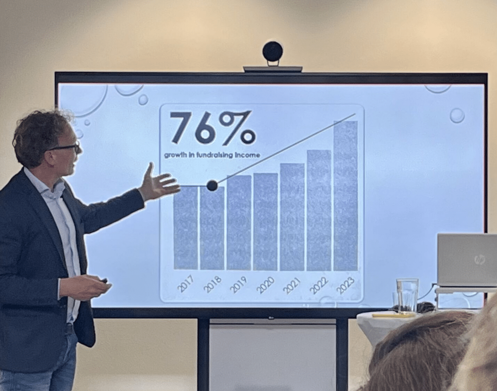 Henk Willem-Laan presents his charity's income growth at the Amsterdam book launch of Great Fundraising Organizations.