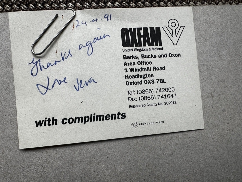 Thanks again, love Vera. A compliments slip signed by Vera.