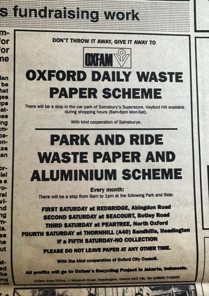 Oxfam Daily Waste Paper scheme advertisement.