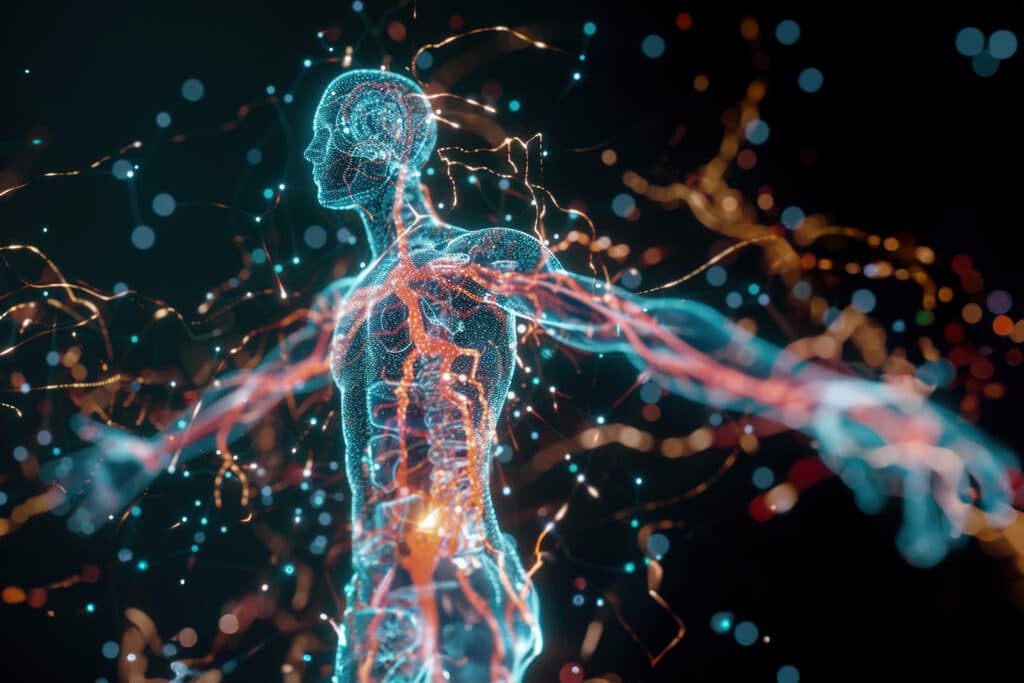 Illustration of neural networks inside a human body.