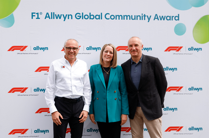 Stefano Domenicali, President & CEO of Formula 1® (l) Gerdine Lindhout, Global Director Sponsorships, CSR and Events at Allwyn (m) and Robert Chvátal, Group CEO at Allwyn (r) celebrate the launch of the F1® Allwyn Global Community Award at the Red Bull Ring - Spielberg ahead of the Austrian Grand Prix.