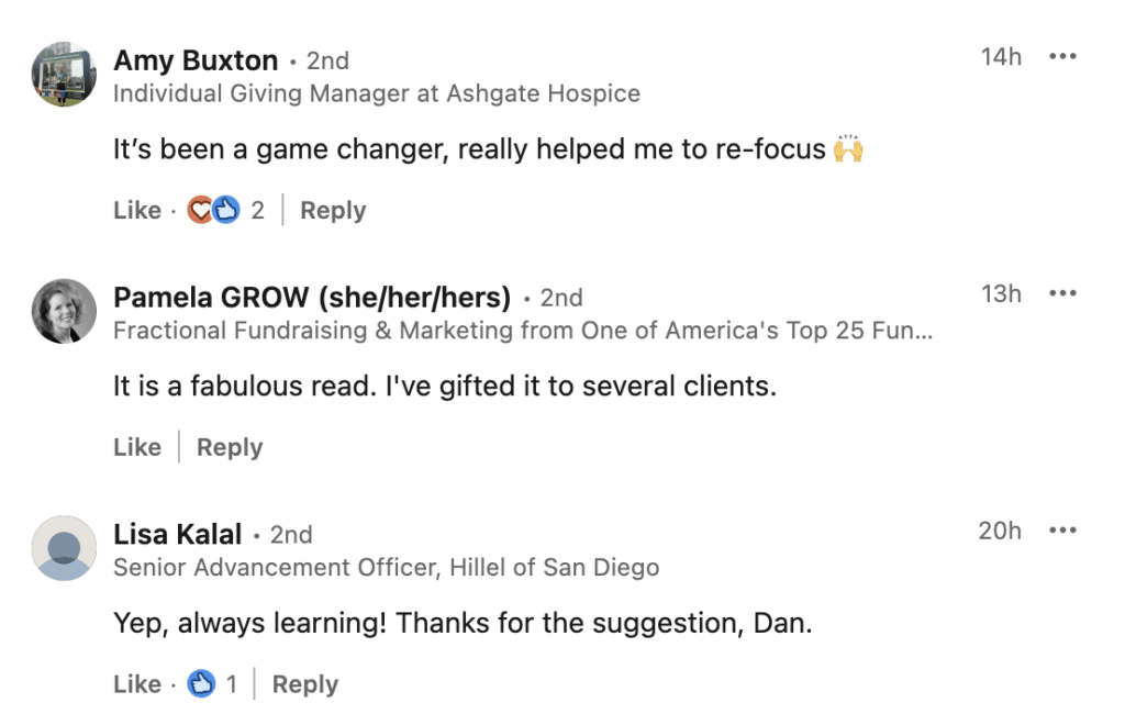 Three positive quotes in LinkedIn comments on a review of Great Fundraising Organizations, the book.