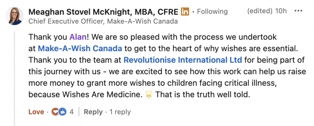 Response by Make-A-Wish Canada's CEO to Alan Clayton's post on LinkedIn.