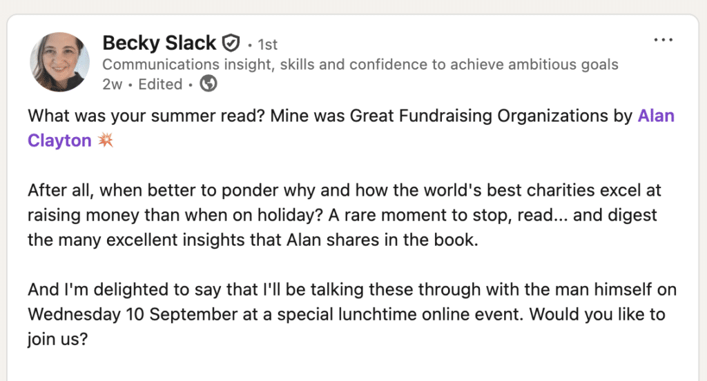 Becky Slack's positive comments on Great Fundraising Organizations, posted to LinkedIn in September 2025.